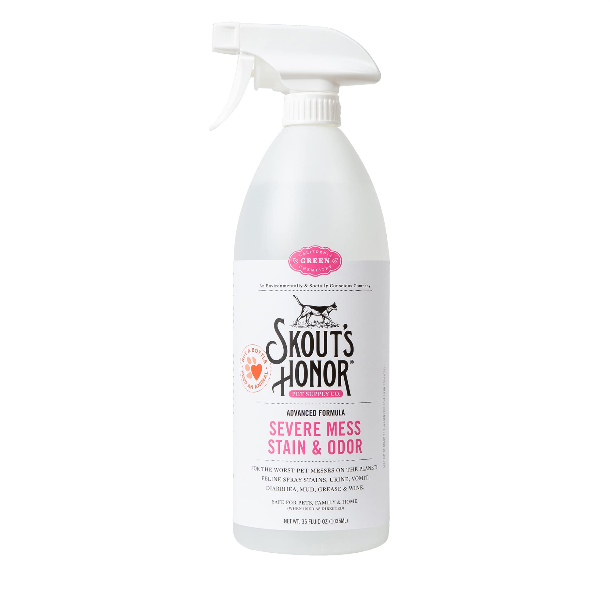 Skout's Honor Cat Severe Mess Stain Remover bottle front for tough cat stains.
