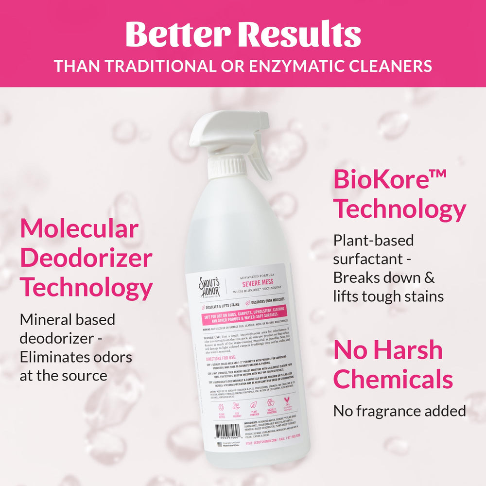Skout's Honor Cat Severe Mess removes stains from upholstery and fabric.
