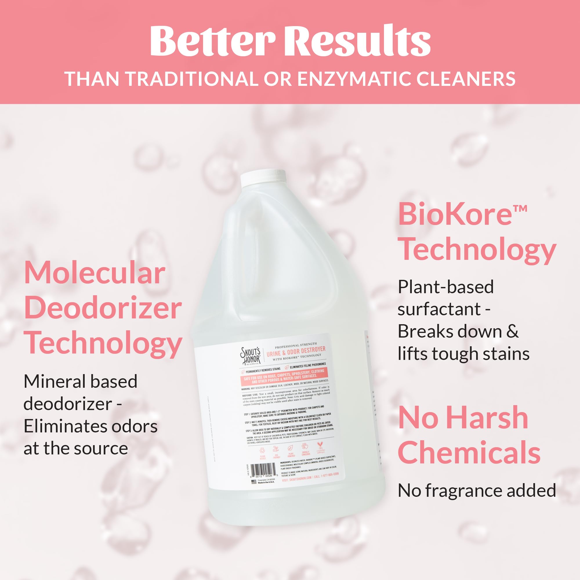 Spray action on a stained carpet spot targeting odors and stains.