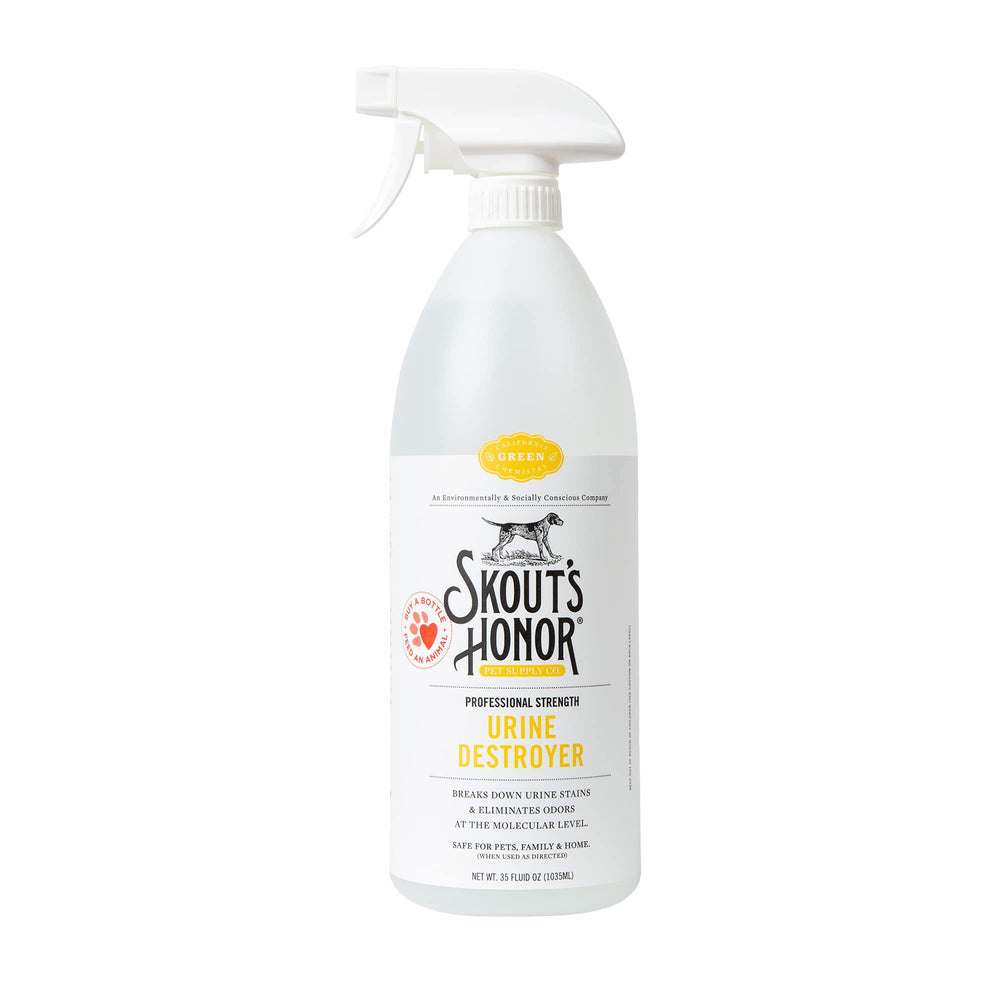 Skout's Honor dog urine destroyer bottle ready for deep carpet cleaning after pet accidents