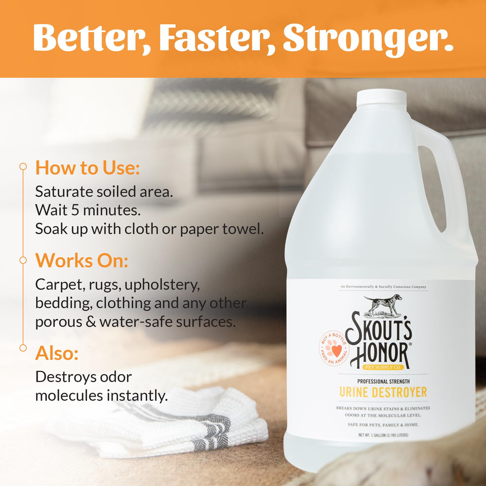 SKOUT'S HONOR Dog Urine Destroyer pet-safe formula emphasizes safe cleaning around pets