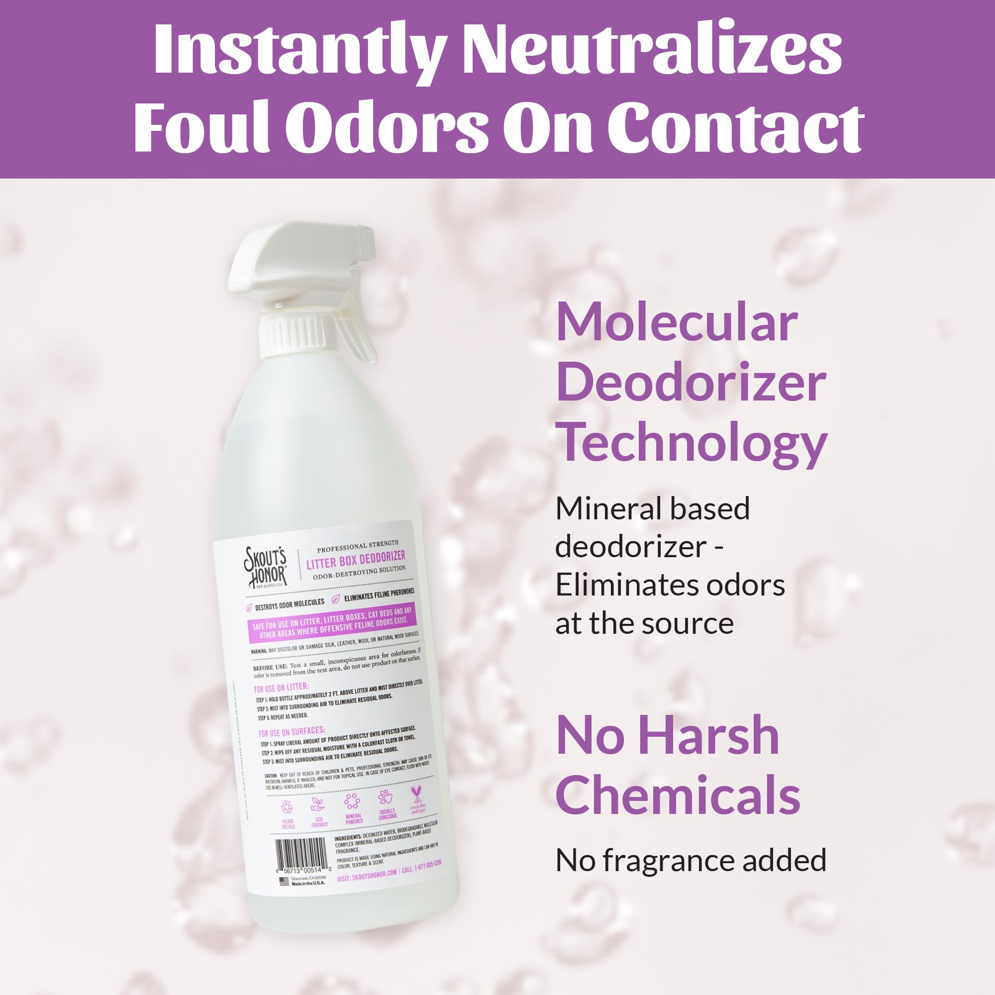 SKOUT'S HONOR feline pheromone neutralization graphic highlights calmer litter box behavior.