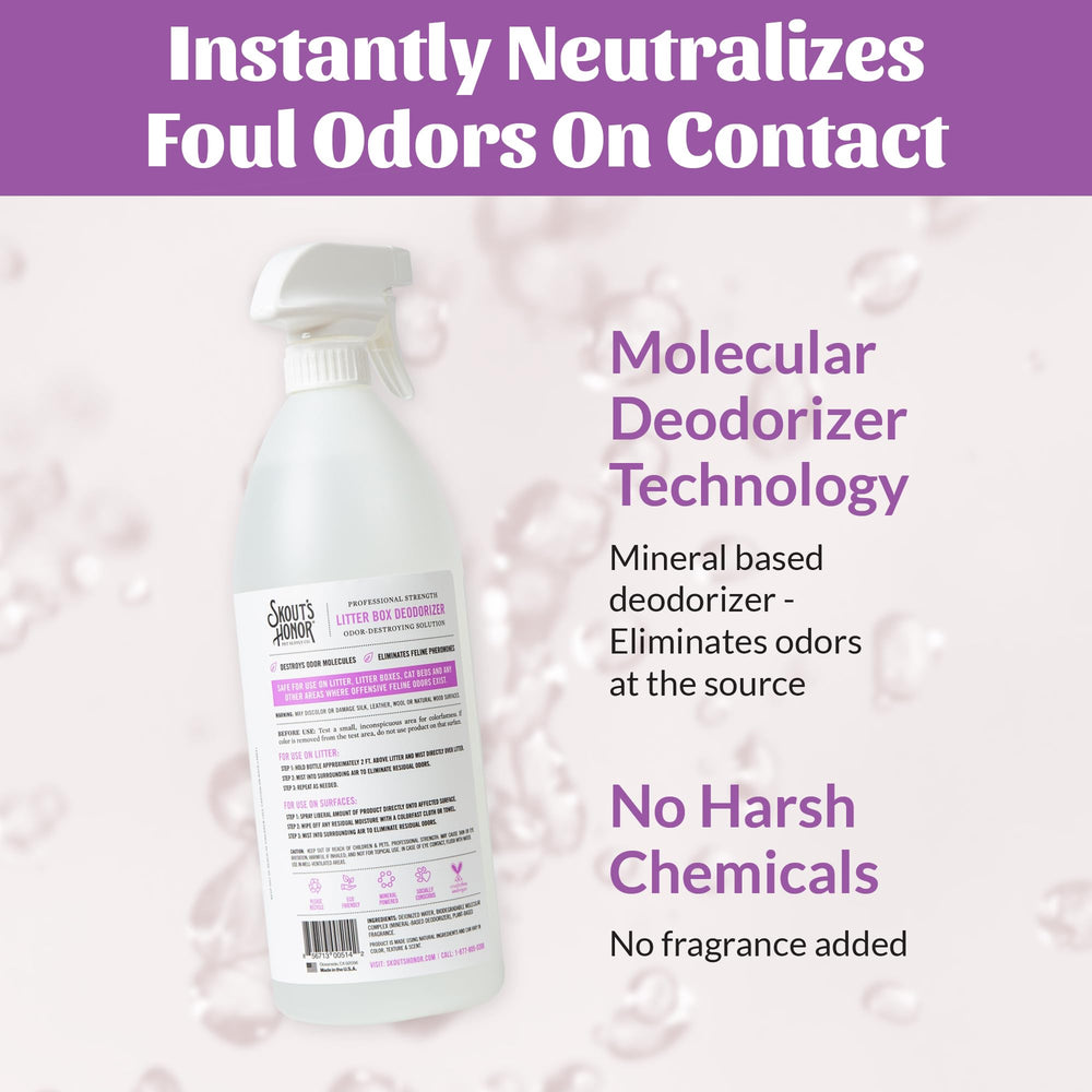 SKOUT'S HONOR feline pheromone neutralization graphic highlights calmer litter box behavior.