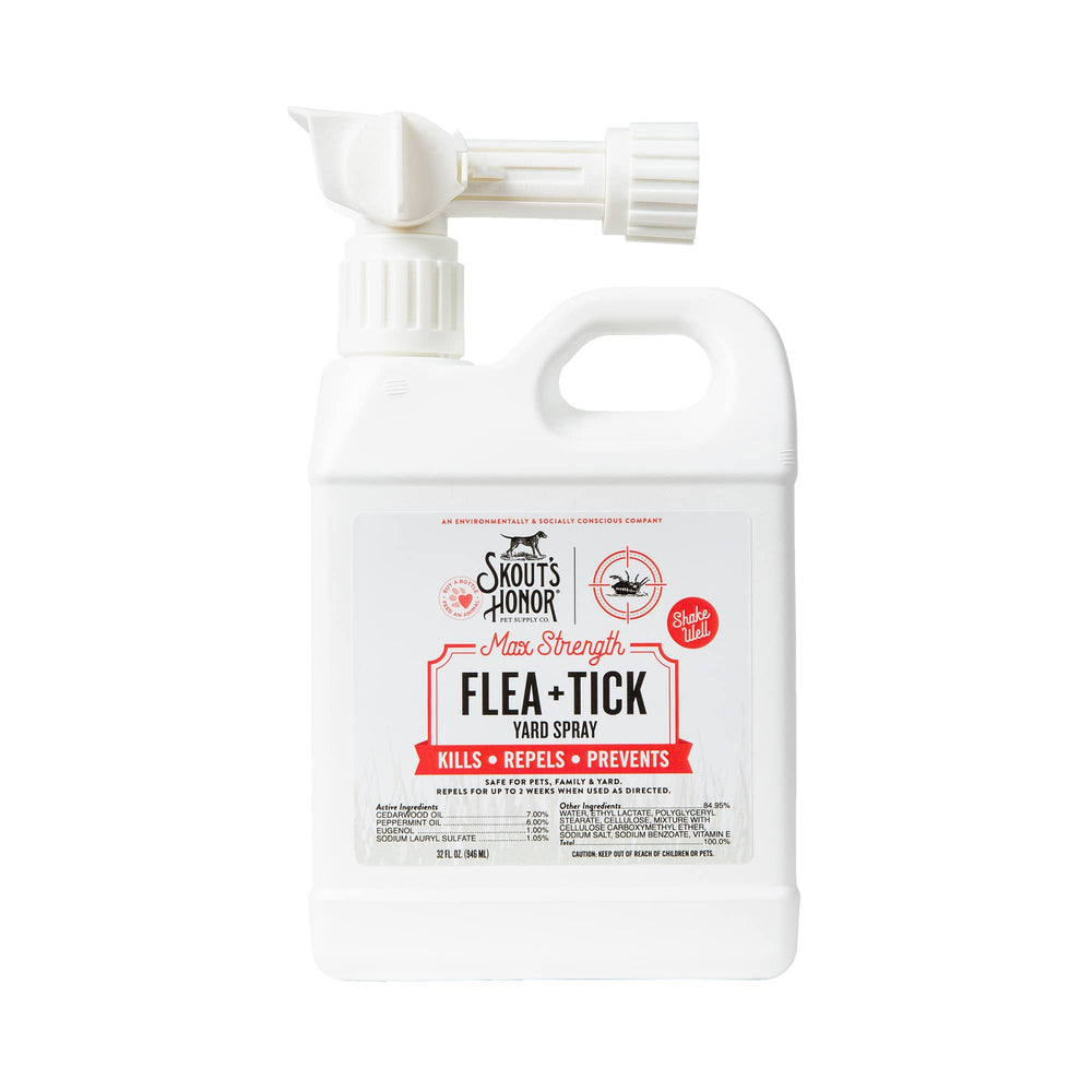 Skout's Honor flea tick yard spray bottle with hose-end applicator for convenient outdoor pest control.