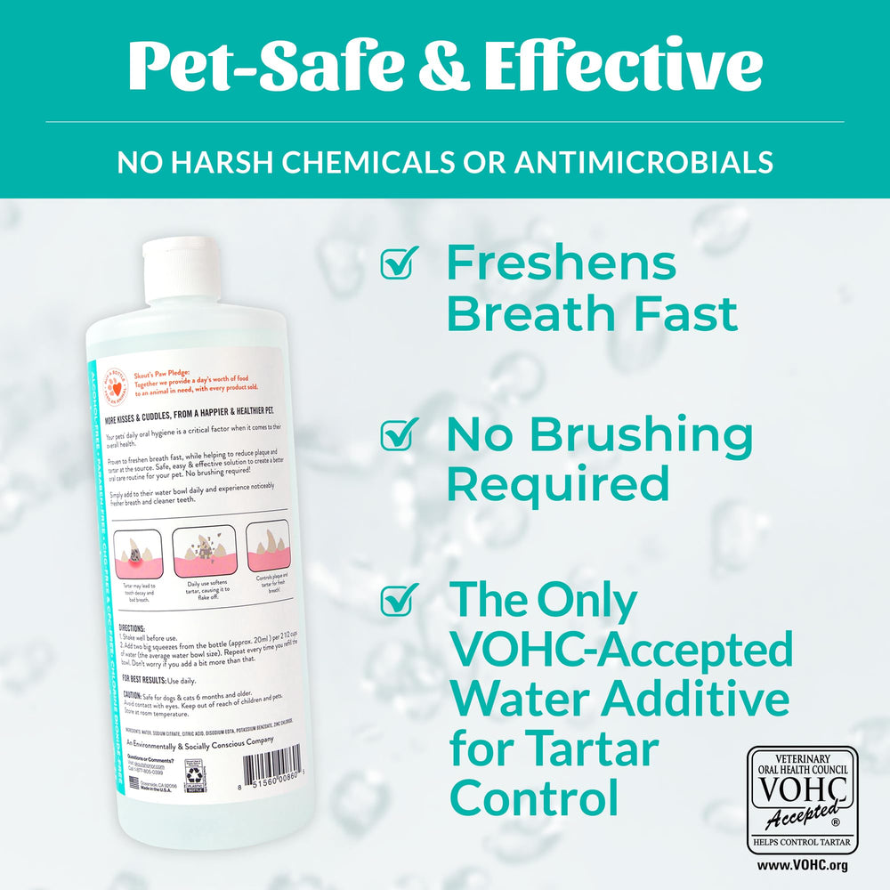 Skout's Honor Fresher Breath water additive in cat water bowl for odorless use.