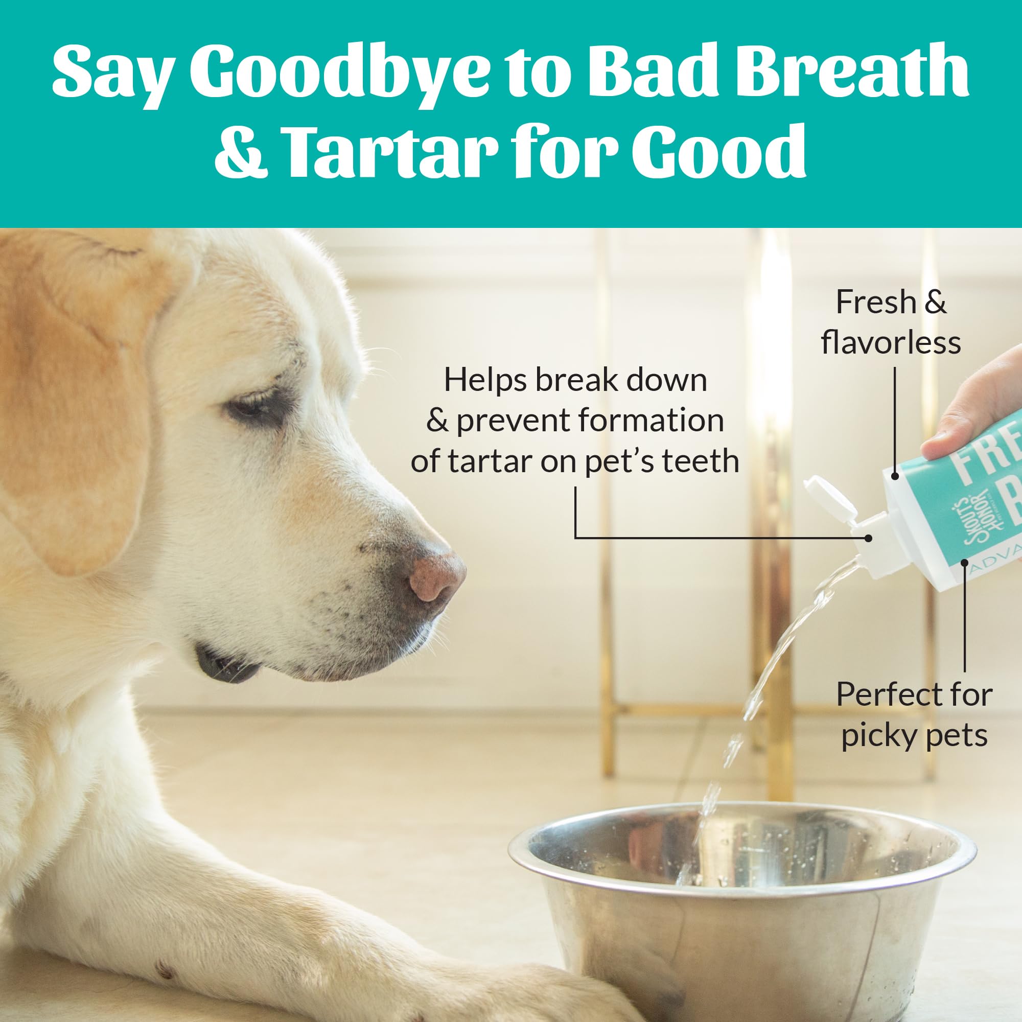 Skout's Honor Fresher Breath label closeup featuring VOHC tartar control badge.