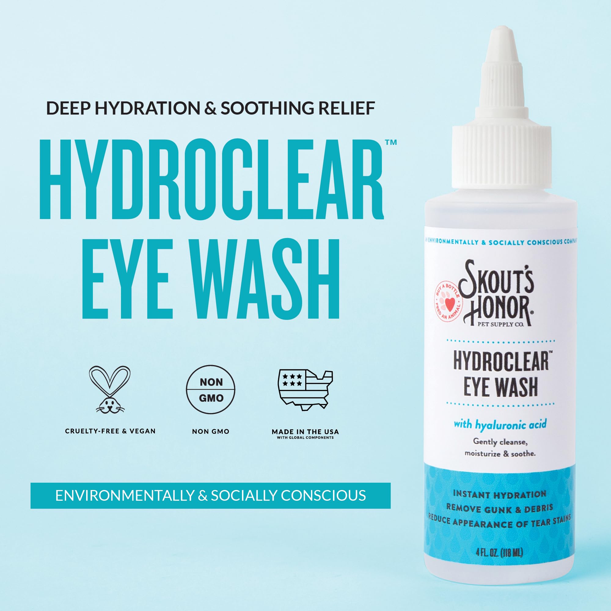 SKOUT'S HONOR HydroClear Eye Wash label closeup, fragrance-free for sensitive eyes.