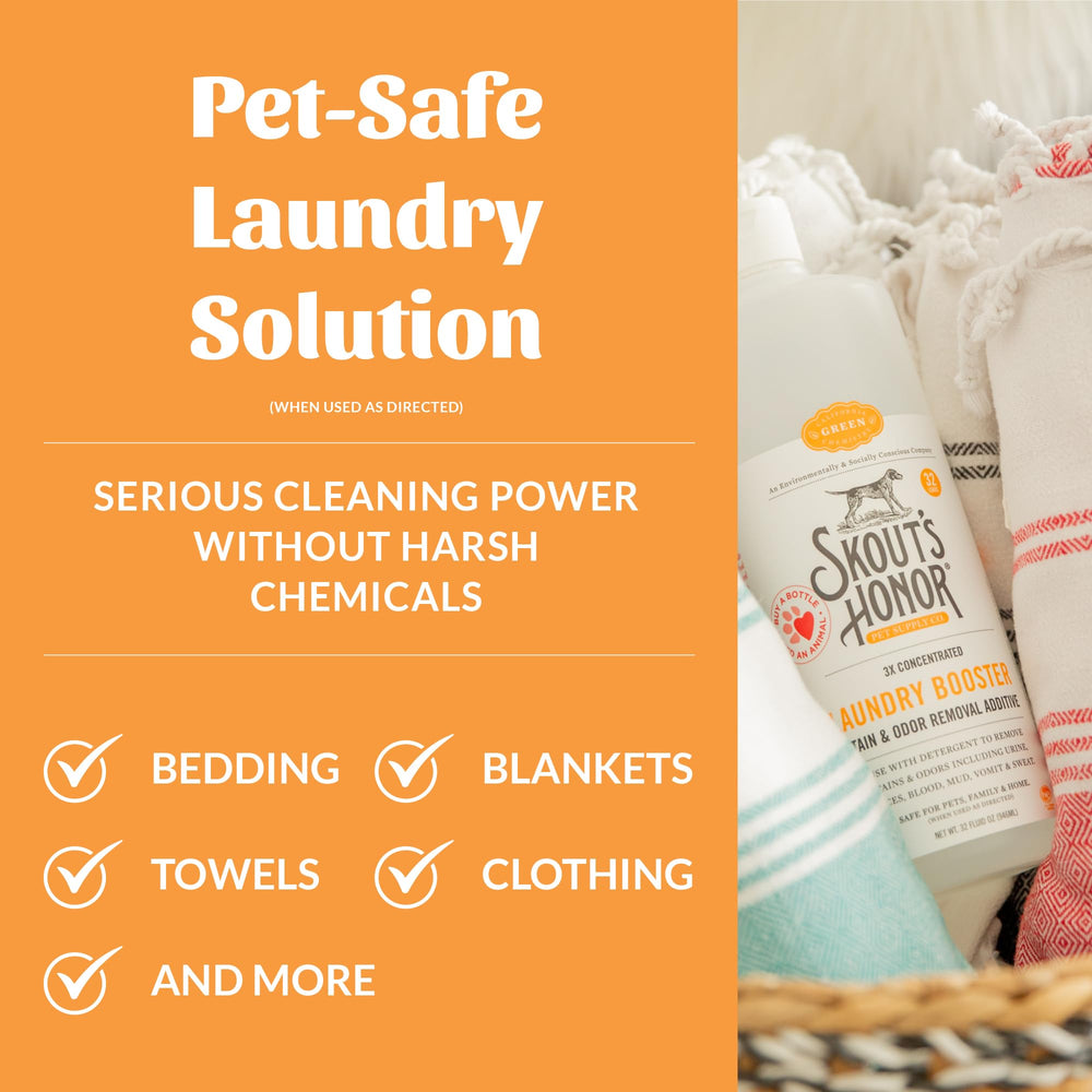 SKOUT'S HONOR Laundry Booster etiqueta cerca de manchas en camas de mascotas.