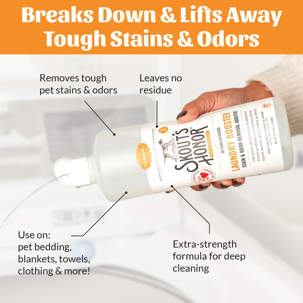 SKOUT'S HONOR Laundry Booster botella de 32 oz, limpia ropa y tapetes para mascotas.