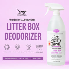 SKOUT'S HONOR litter box spray action shows quick odor neutralization for fresh rooms.