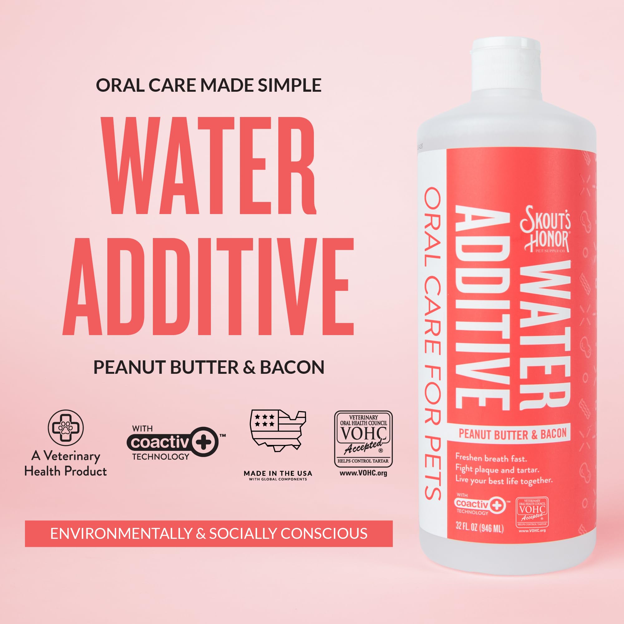 Skout's Honor PB Bacon Water Additive label highlights VOHC tartar control.