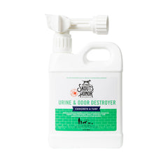 SKOUT'S HONOR Pet Urine Destroyer bottle illustrates stain removal on concrete and turf surfaces.
