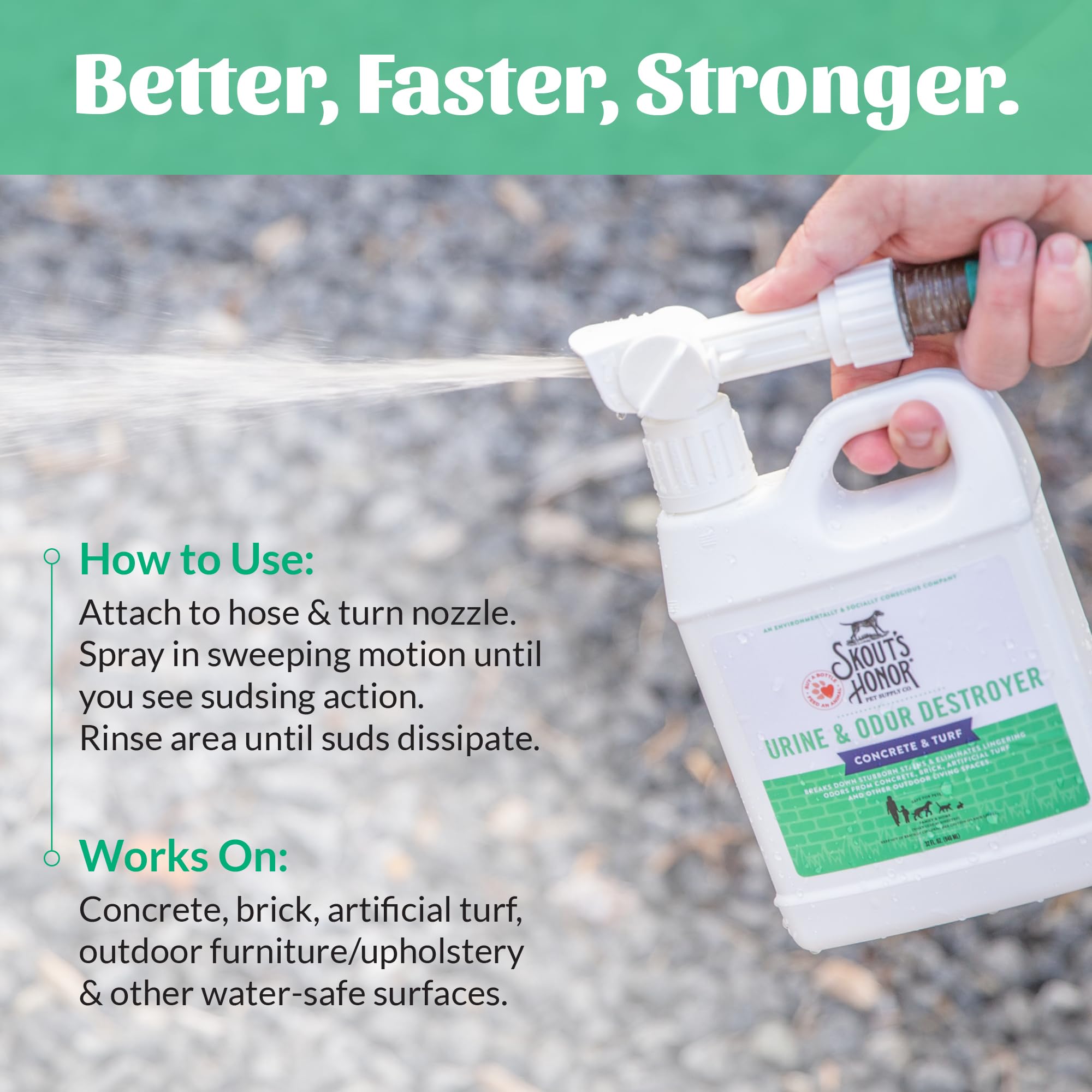 SKOUT'S HONOR Pet Urine Destroyer measured-pour highlights precise dosing for safe, effective cleaning.