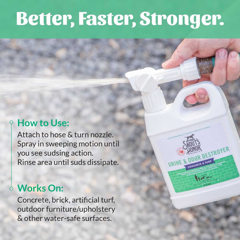 SKOUT'S HONOR Pet Urine Destroyer measured-pour highlights precise dosing for safe, effective cleaning.