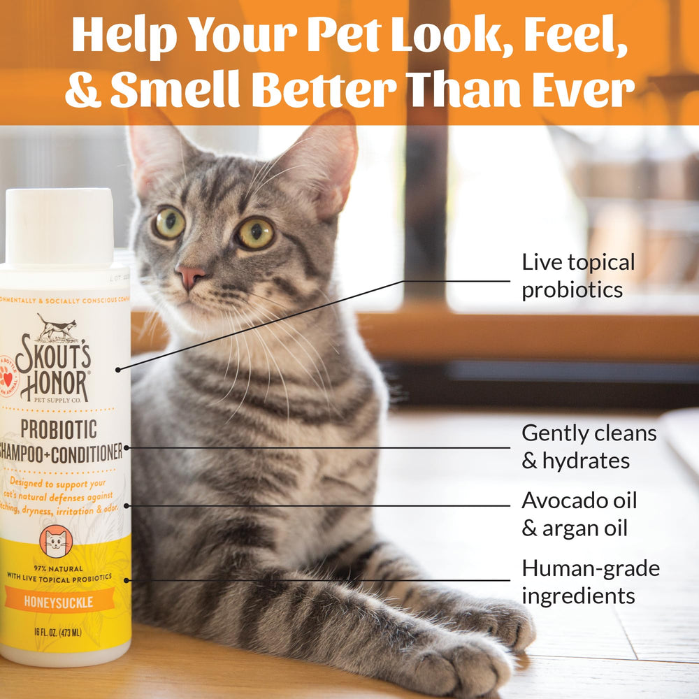 Skout's Honor probiotic cat conditioner bottle front with avocado oil benefits