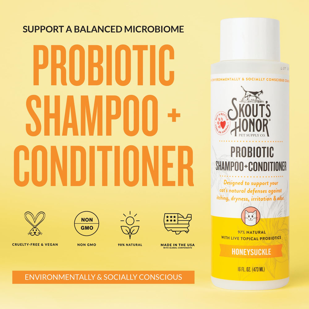Skout's Honor probiotic cat shampoo label detail highlighting natural ingredients and probiotic benefits