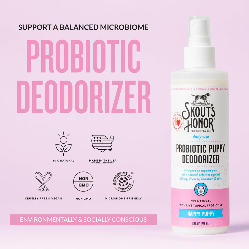 SKOUT'S HONOR probiotic spray on pet coat for daily deodorizing and gentle hydration.