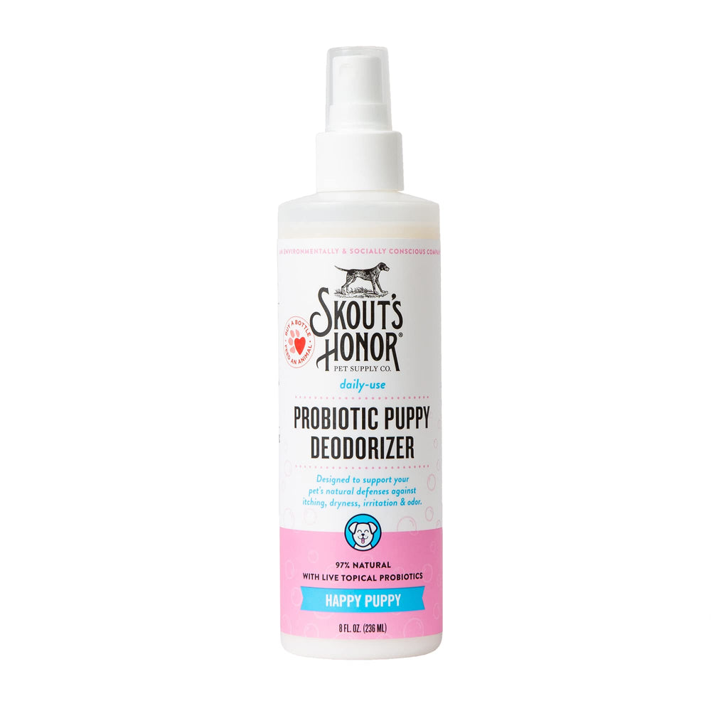 SKOUT'S HONOR probiotic deodorizer spray bottle 8oz promotes fresh coat and balanced skin.