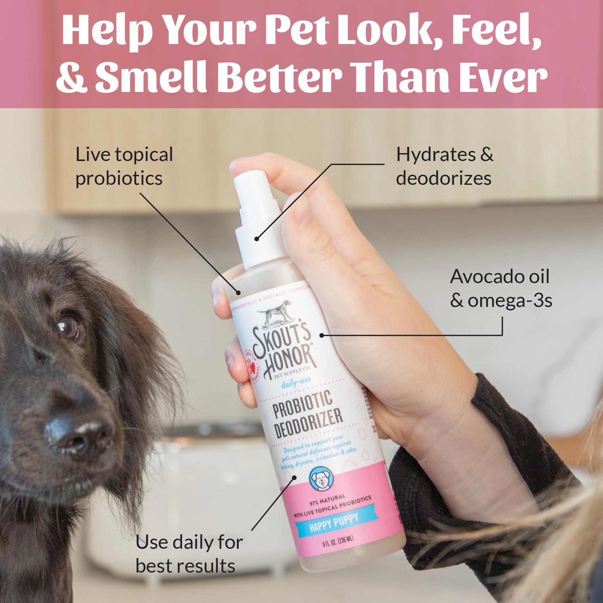 SKOUT'S HONOR microbiome-friendly certification badge indicates balanced skin for pets.
