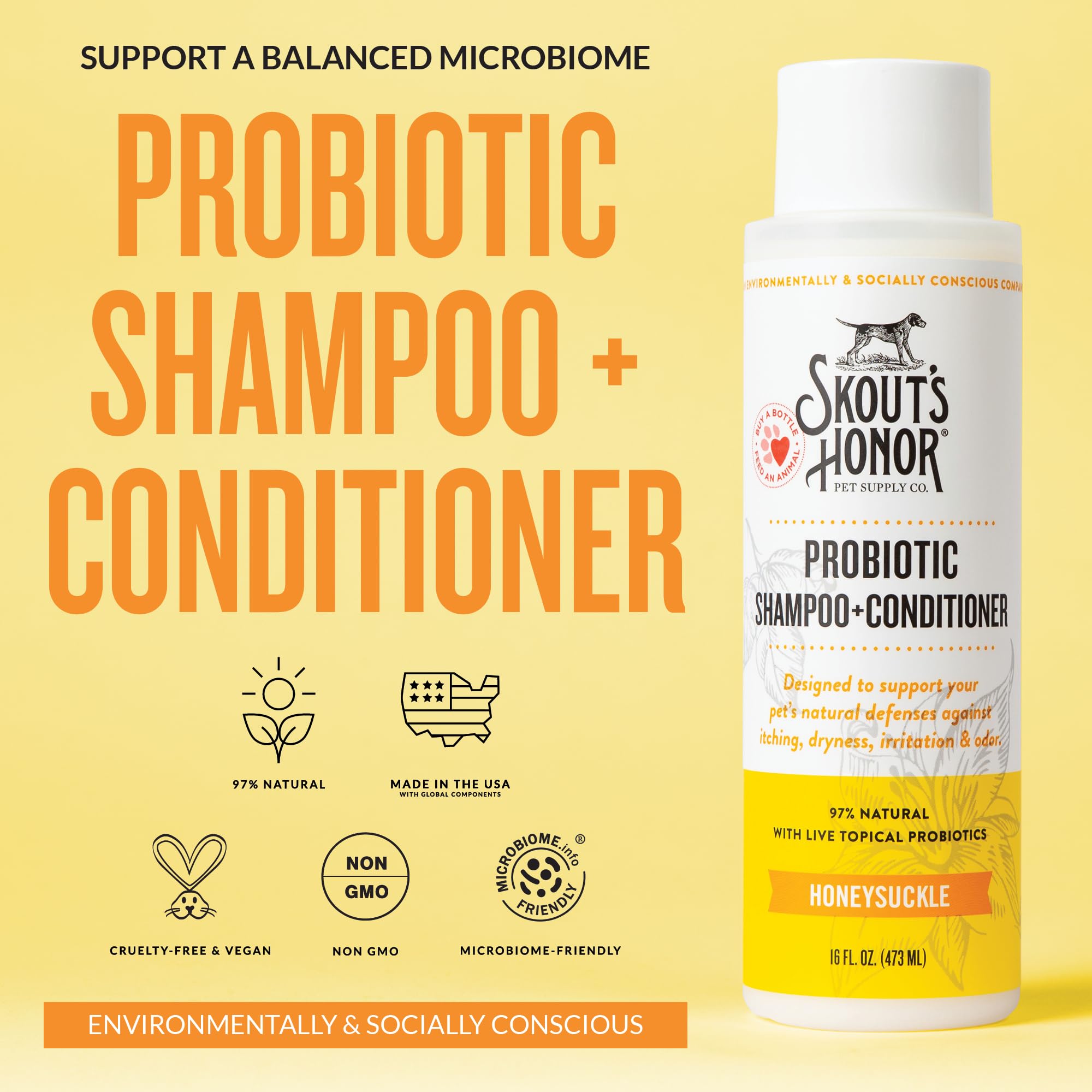 Skout's Honor probiotic dog conditioner bottle for smoother, manageable fur.