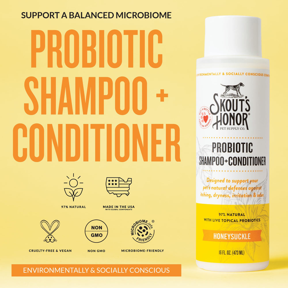 Skout's Honor probiotic dog conditioner bottle for smoother, manageable fur.