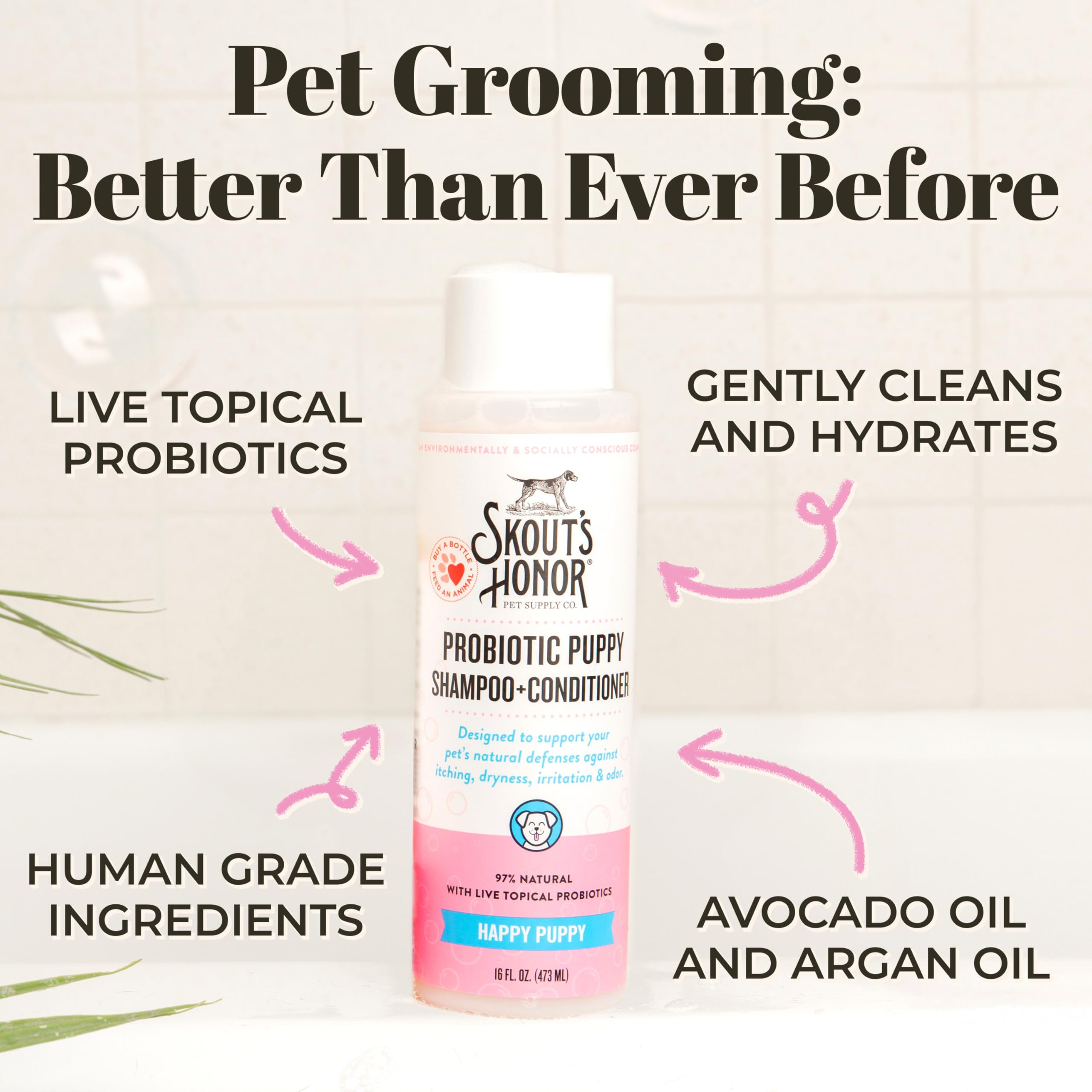 Skout's Honor probiotic dog shampoo avocado oil label supports coat conditioning.