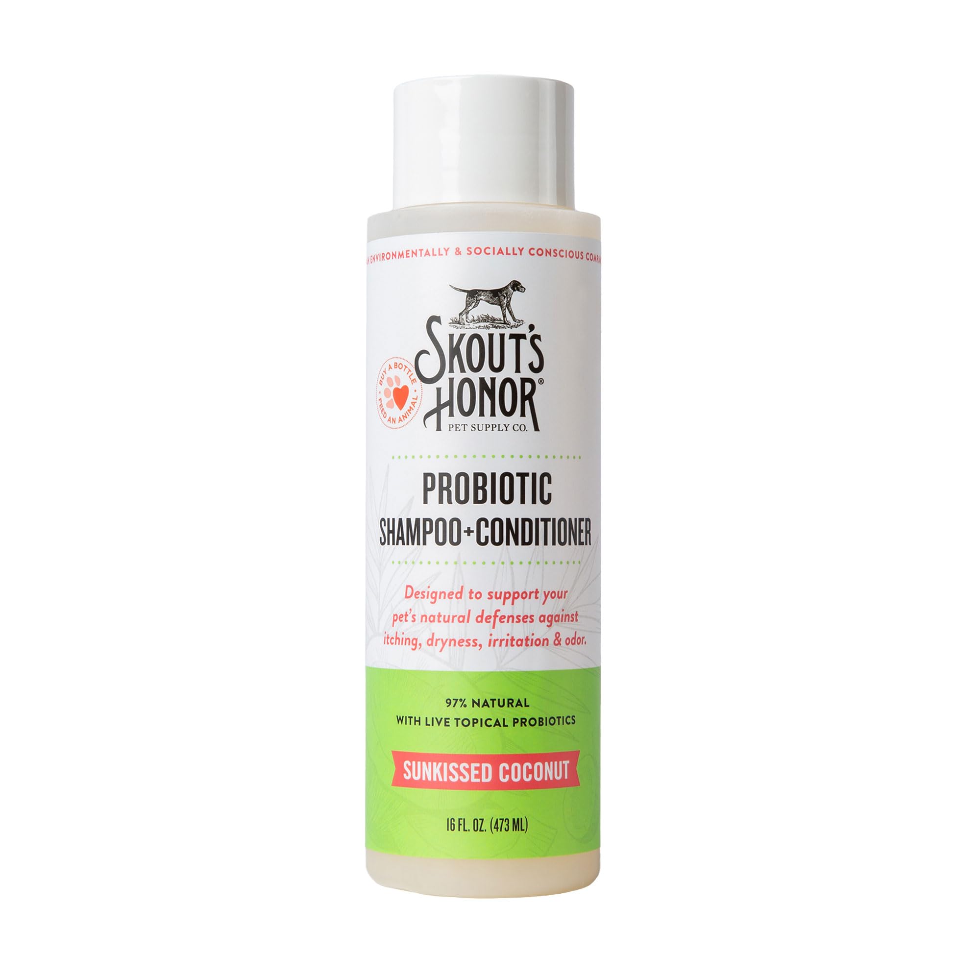 Skout's Honor probiotic dog shampoo bottle with coconut scent for gentle cleansing.