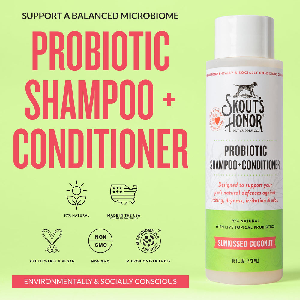 Skout's Honor probiotic shampoo bottle producing rich lather for easy wash.