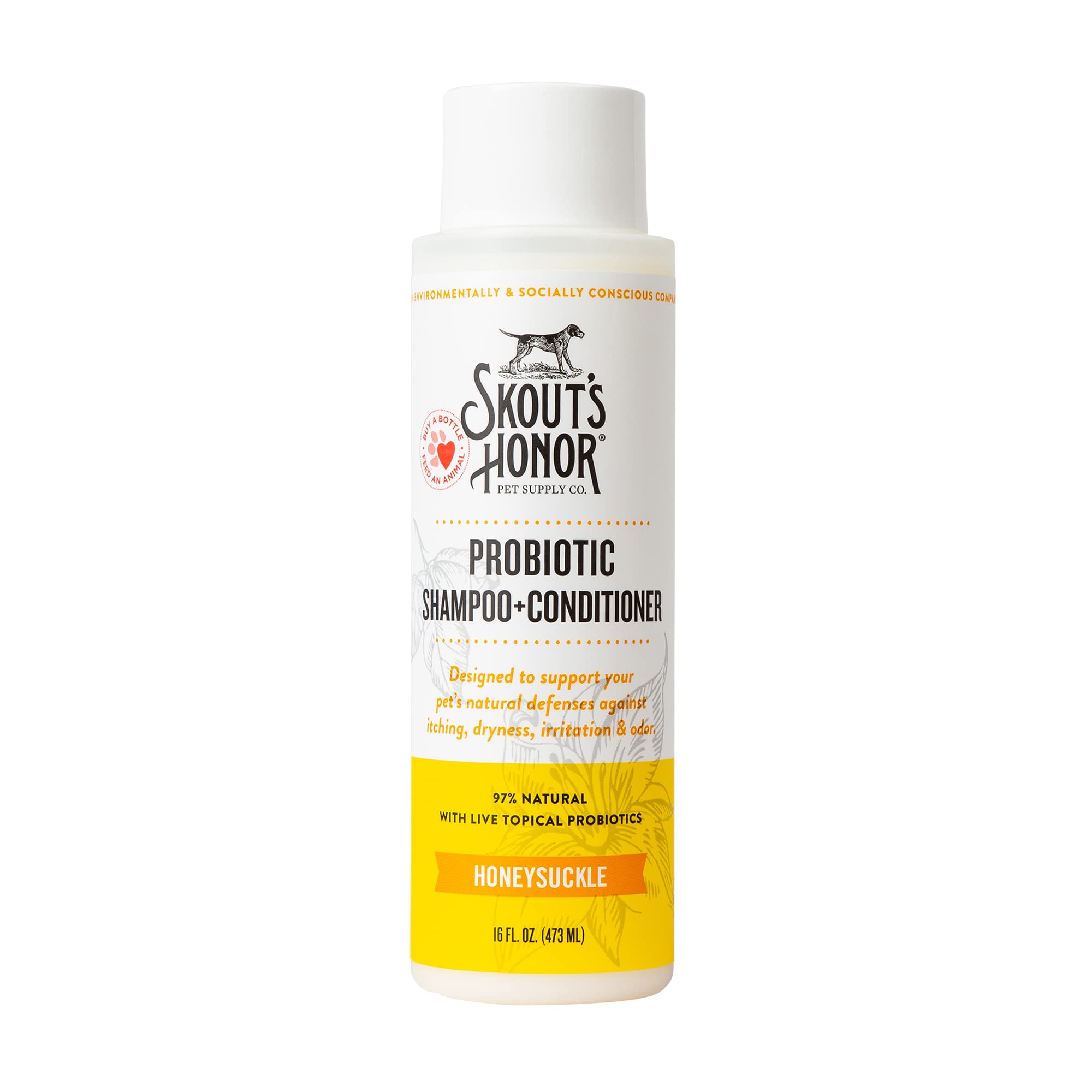 Skout's Honor probiotic dog shampoo bottle for gentle cleansing and balanced skin microbiome.