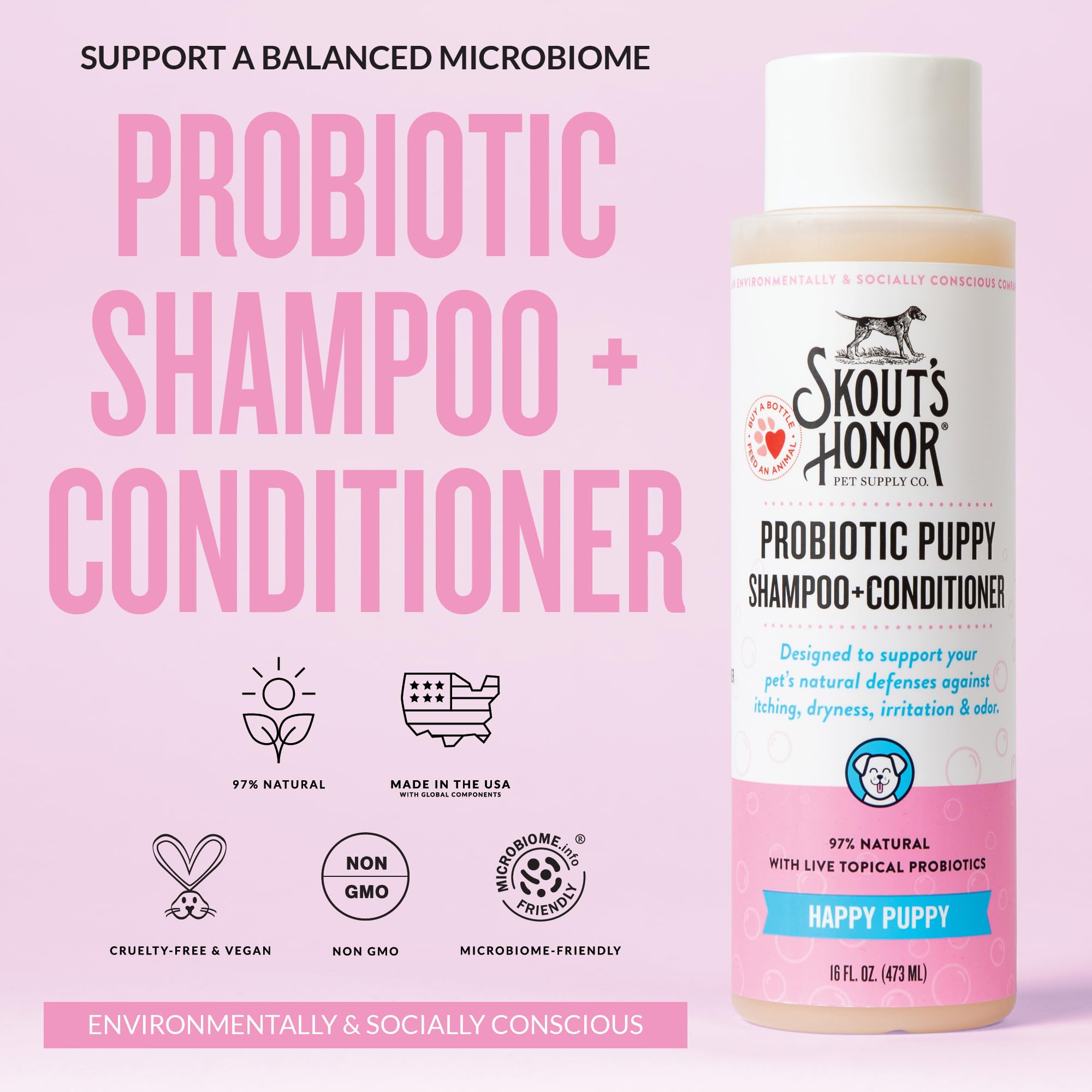 Skout's Honor probiotic dog shampoo foaming-lather for easy baths.