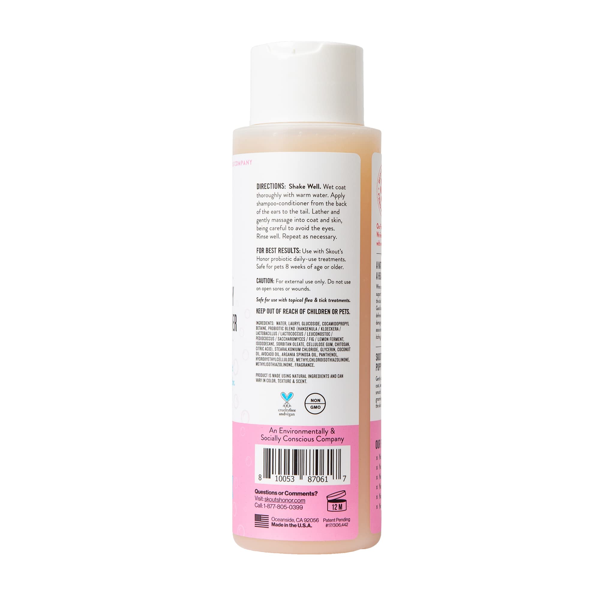 Skout's Honor probiotic dog shampoo ingredients closeup highlighting avocado oil and omega-3s.