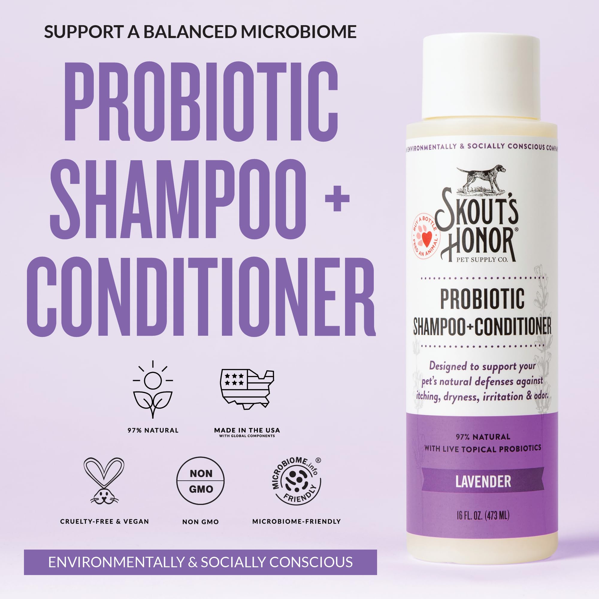 Skout's Honor probiotic dog shampoo lavender bottle closeup shows rich, creamy lather.