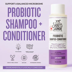 Skout's Honor probiotic dog shampoo lavender bottle closeup shows rich, creamy lather.
