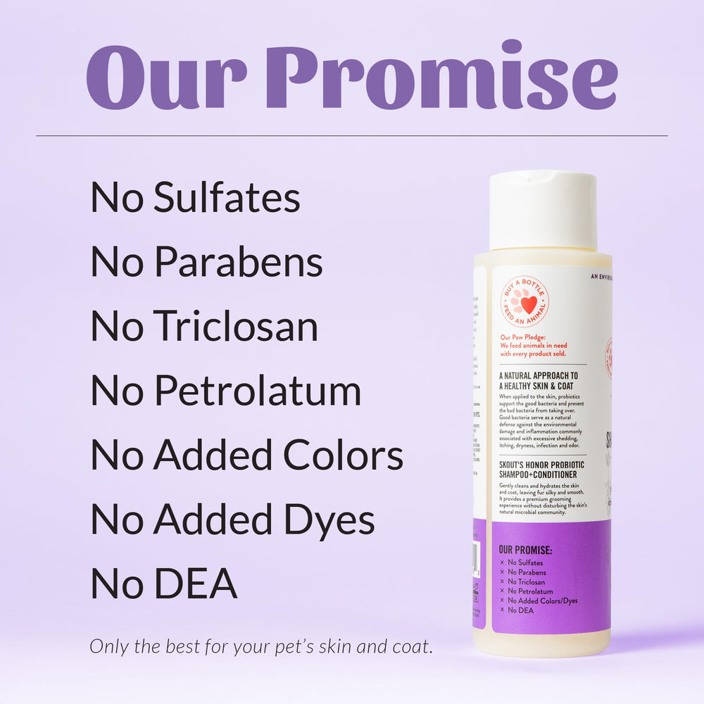 Skout's Honor microbiome-friendly badge on shampoo bottle signals balance.