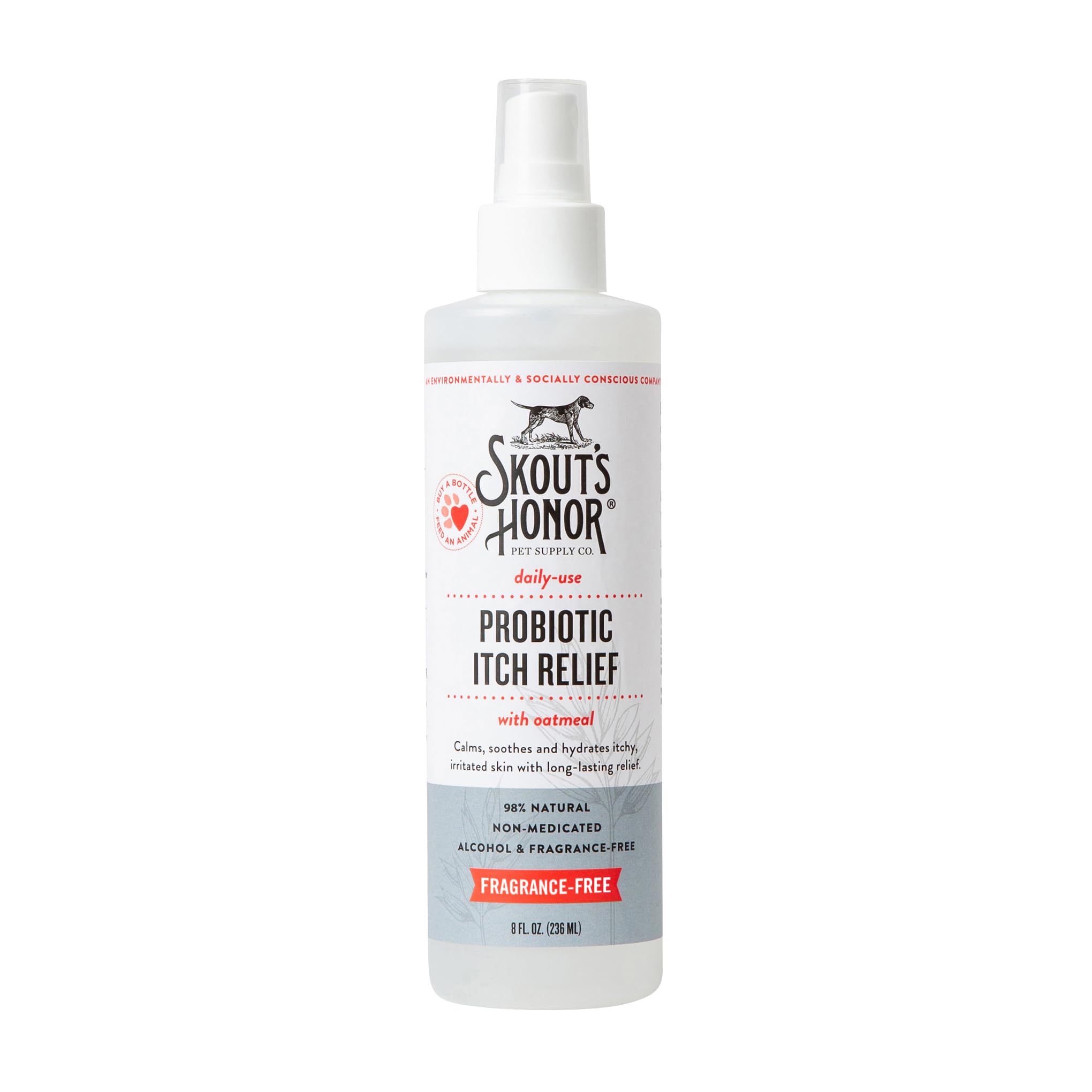 SKOUT'S HONOR probiotic itch relief spray bottle—easy application for soothing pet skin.