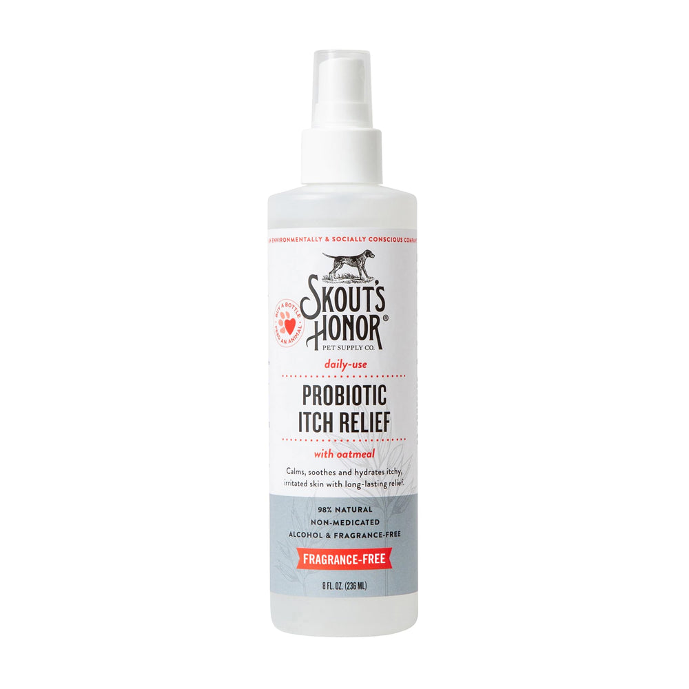 SKOUT'S HONOR probiotic itch relief spray bottle—easy application for soothing pet skin.