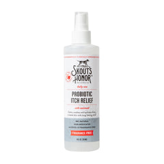 SKOUT'S HONOR probiotic itch relief spray bottle—easy application for soothing pet skin.