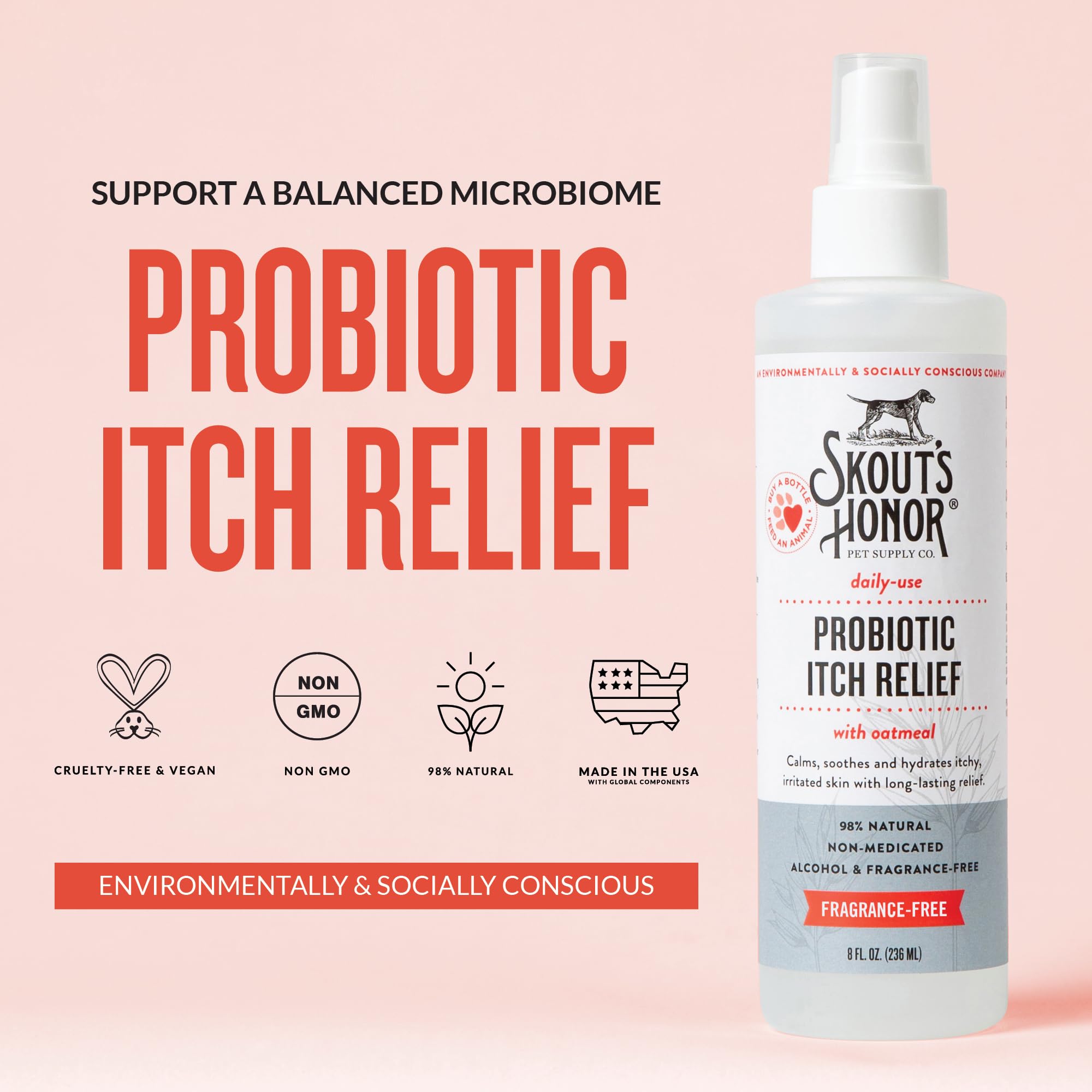 SKOUT'S HONOR probiotic spray label close-up—clear ingredients for sensitive skin.