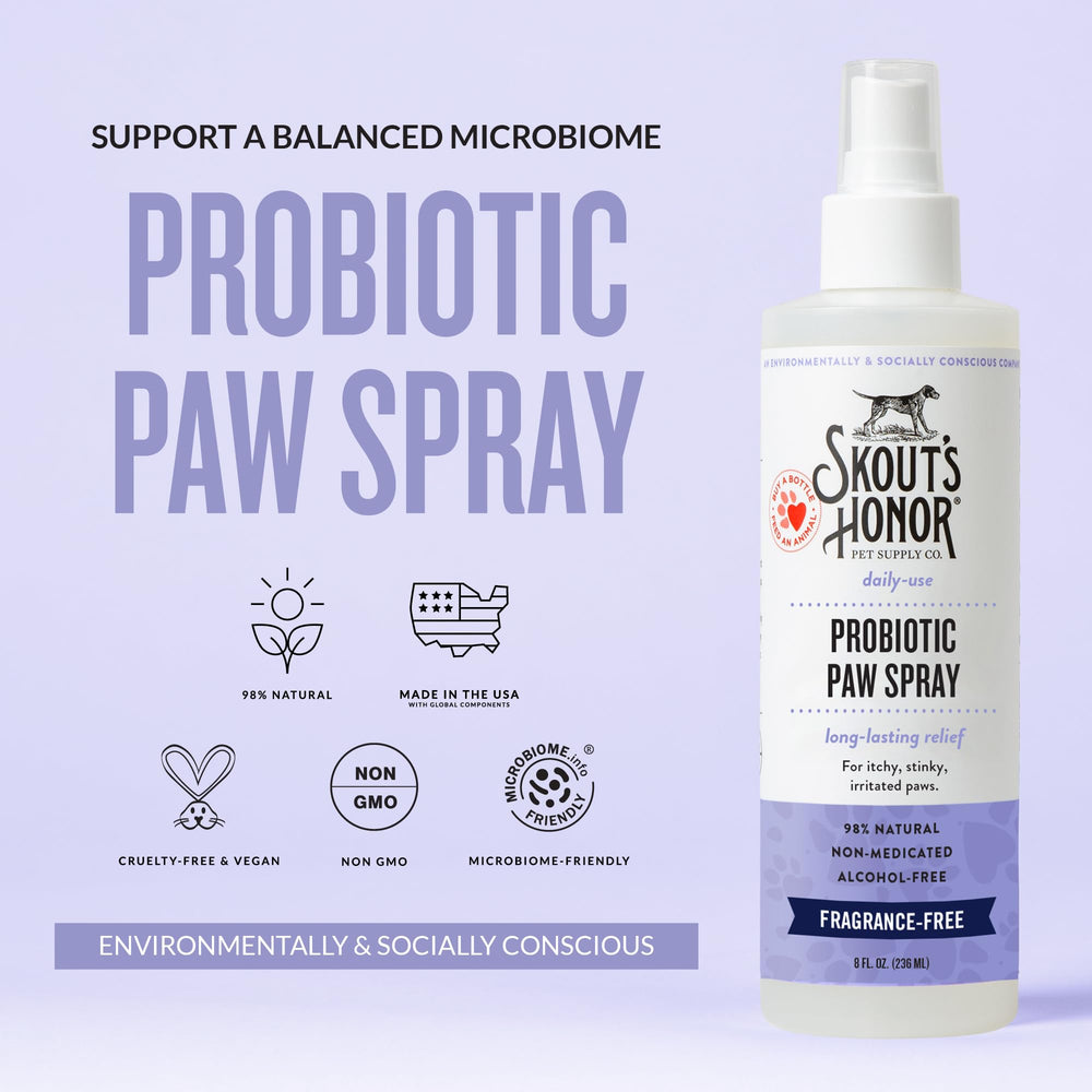 Skout's Honor paw spray on a dog's paws showing easy daily use.