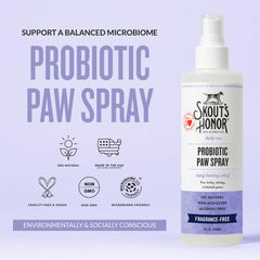 Skout's Honor paw spray on a dog's paws showing easy daily use.