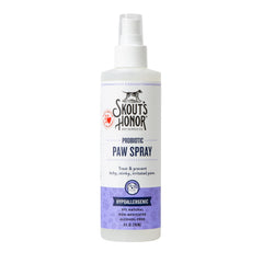 Skout's Honor Probiotic Paw Spray bottle close-up for gentle paw care.