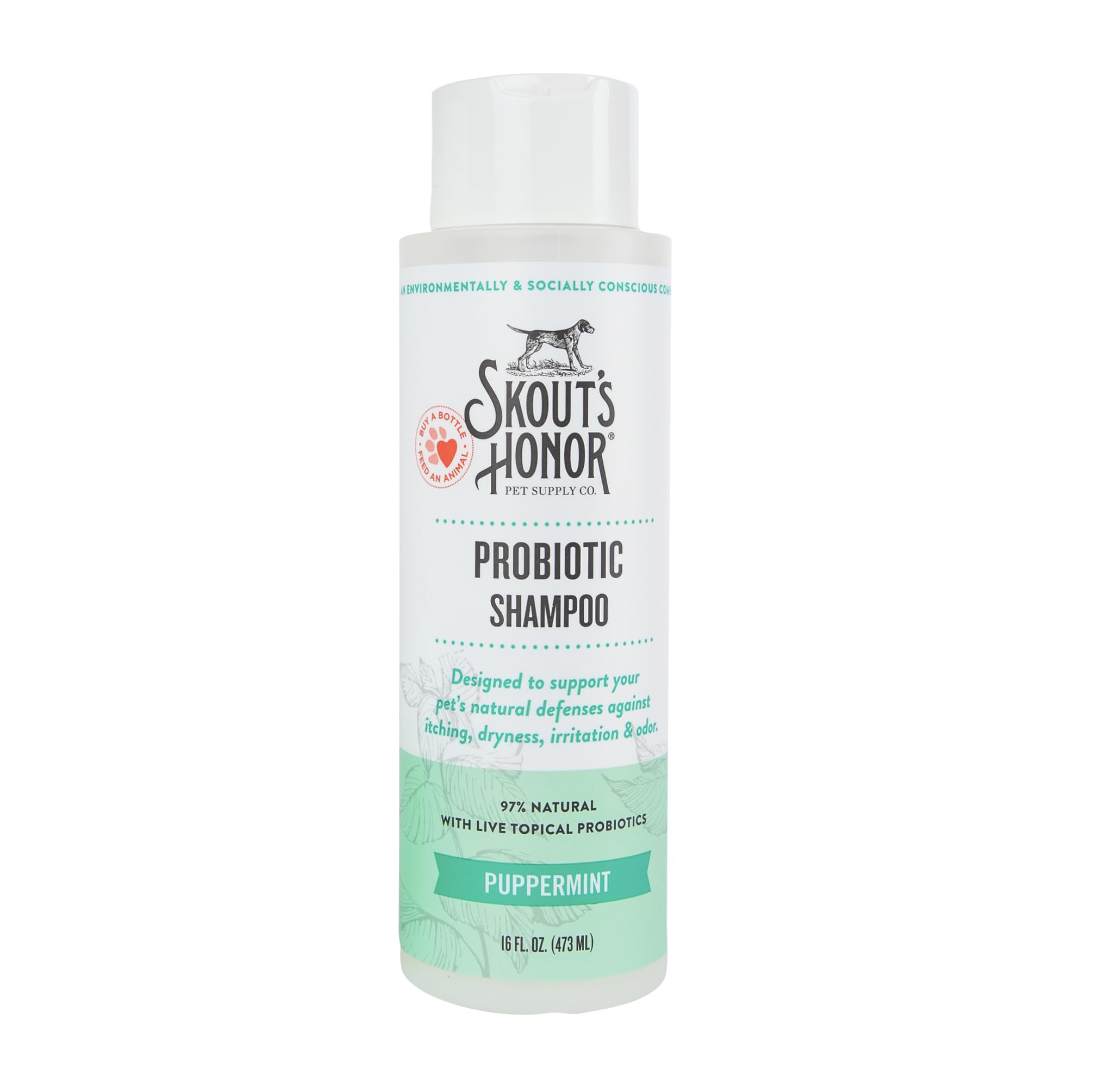 Skout's Honor Puppermint Shampoo bottle label highlighting gentle cleansing for healthy coats.