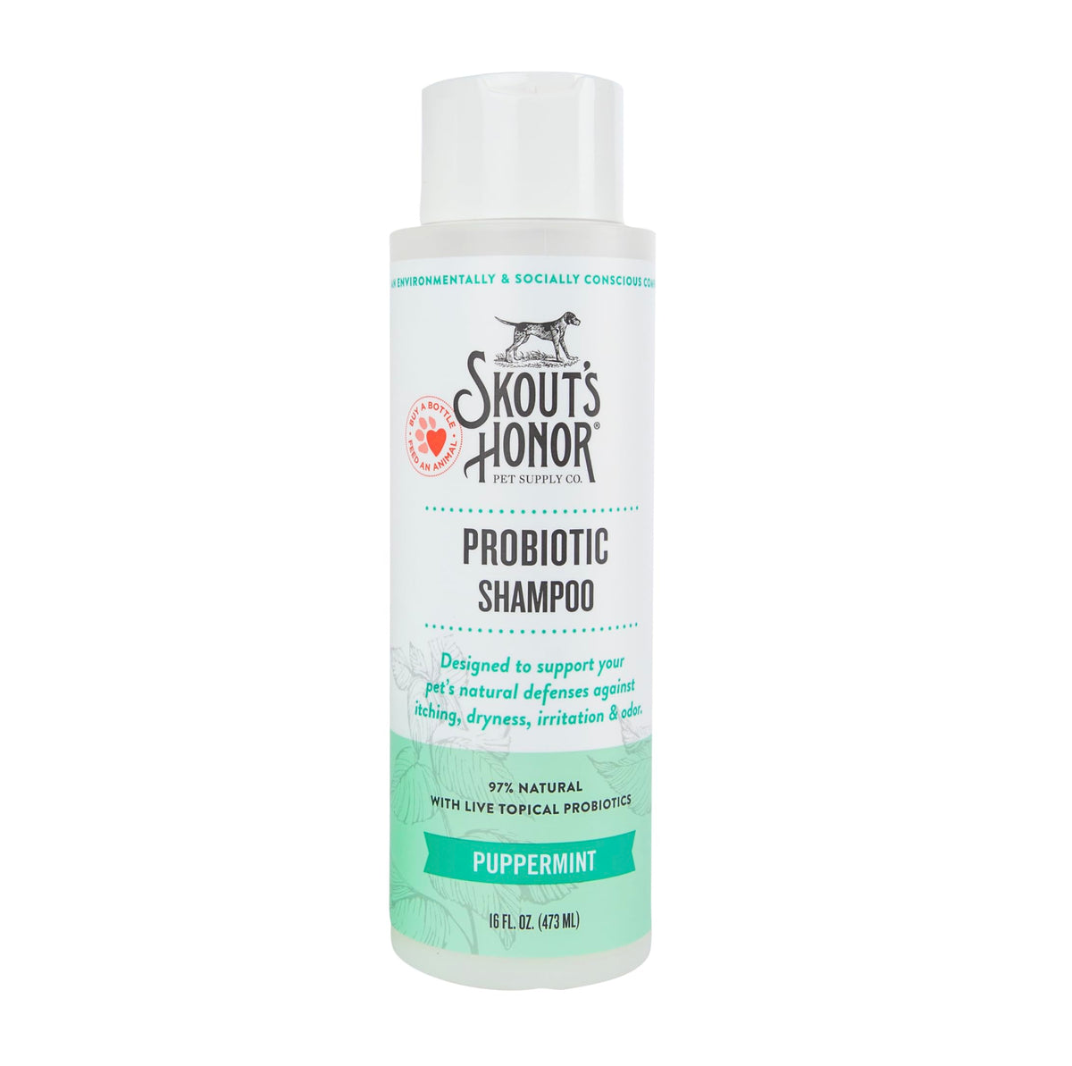 Skout's Honor Puppermint Shampoo bottle label highlighting gentle cleansing for healthy coats.