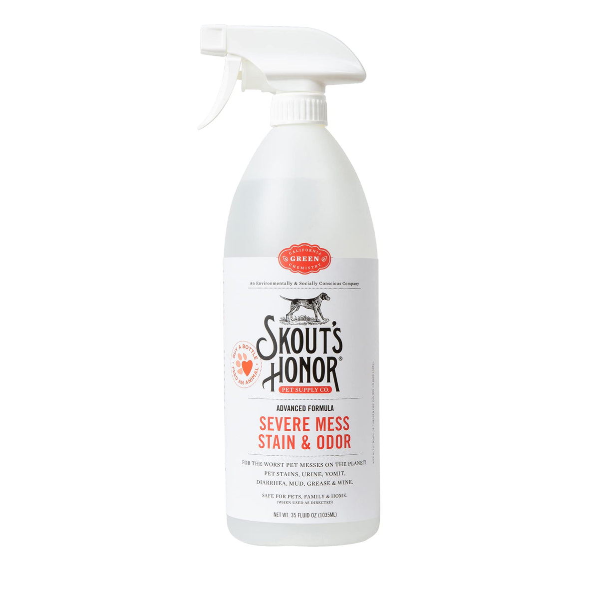 SKOUT'S HONOR Severe Mess bottle front shows a powerful pet stain remover for homes.