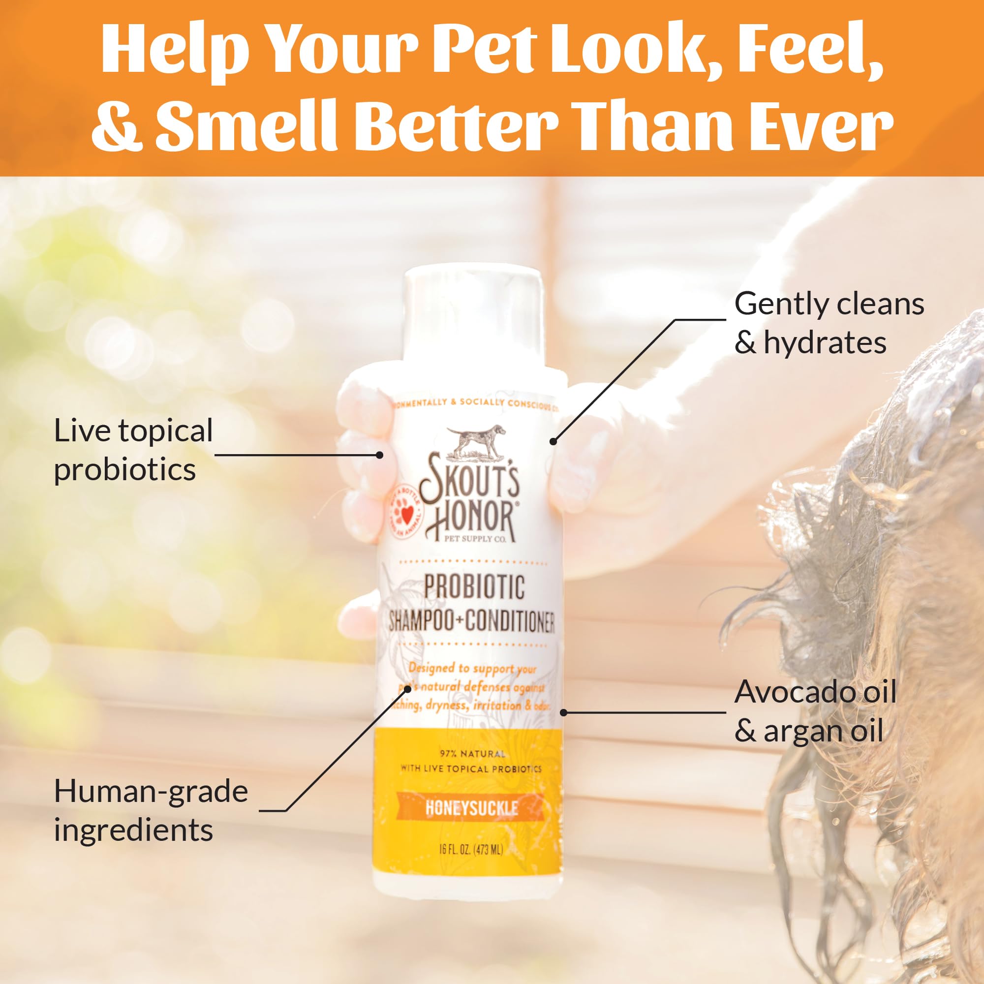Skout's Honor sulfate-free and parabens-free label for gentle cleansing.