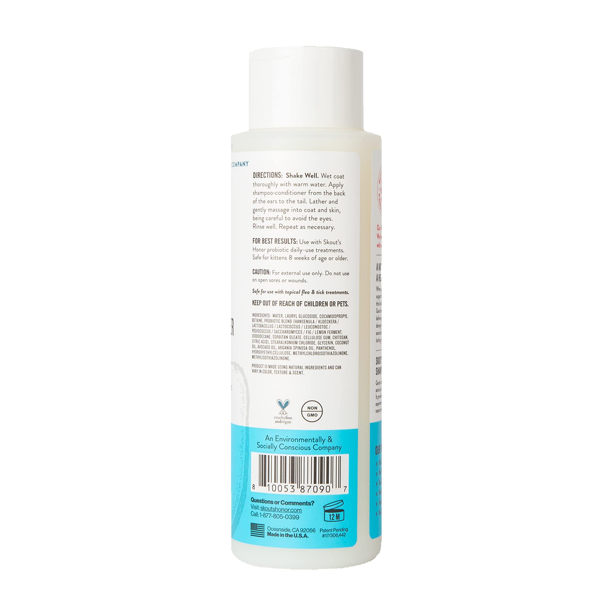 Skout's Honor unscented cat shampoo lather supports healthy coat microbiome.