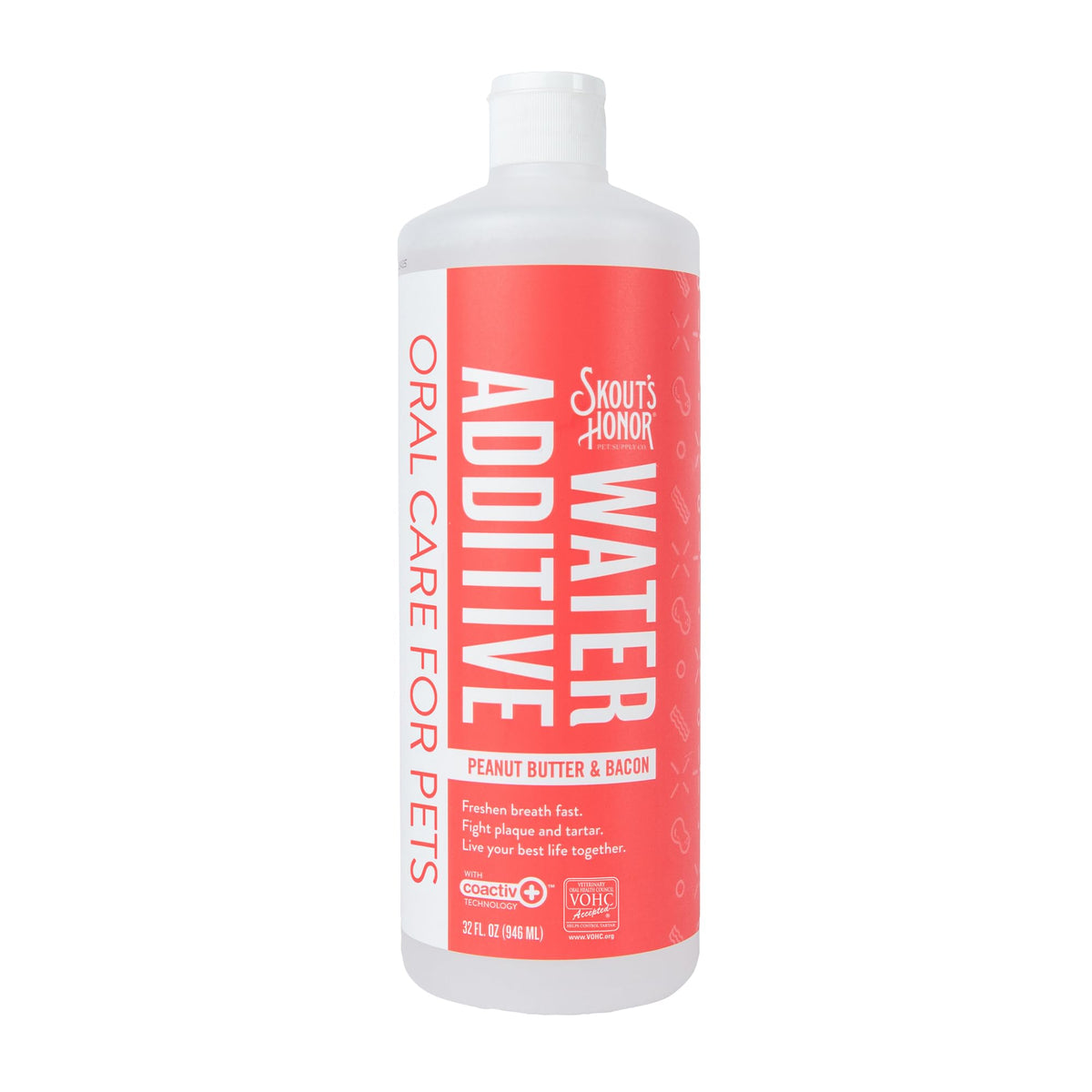 Skout's Honor Peanut Butter & Bacon Water Additive bottle ready to pour for fresher pet breath.