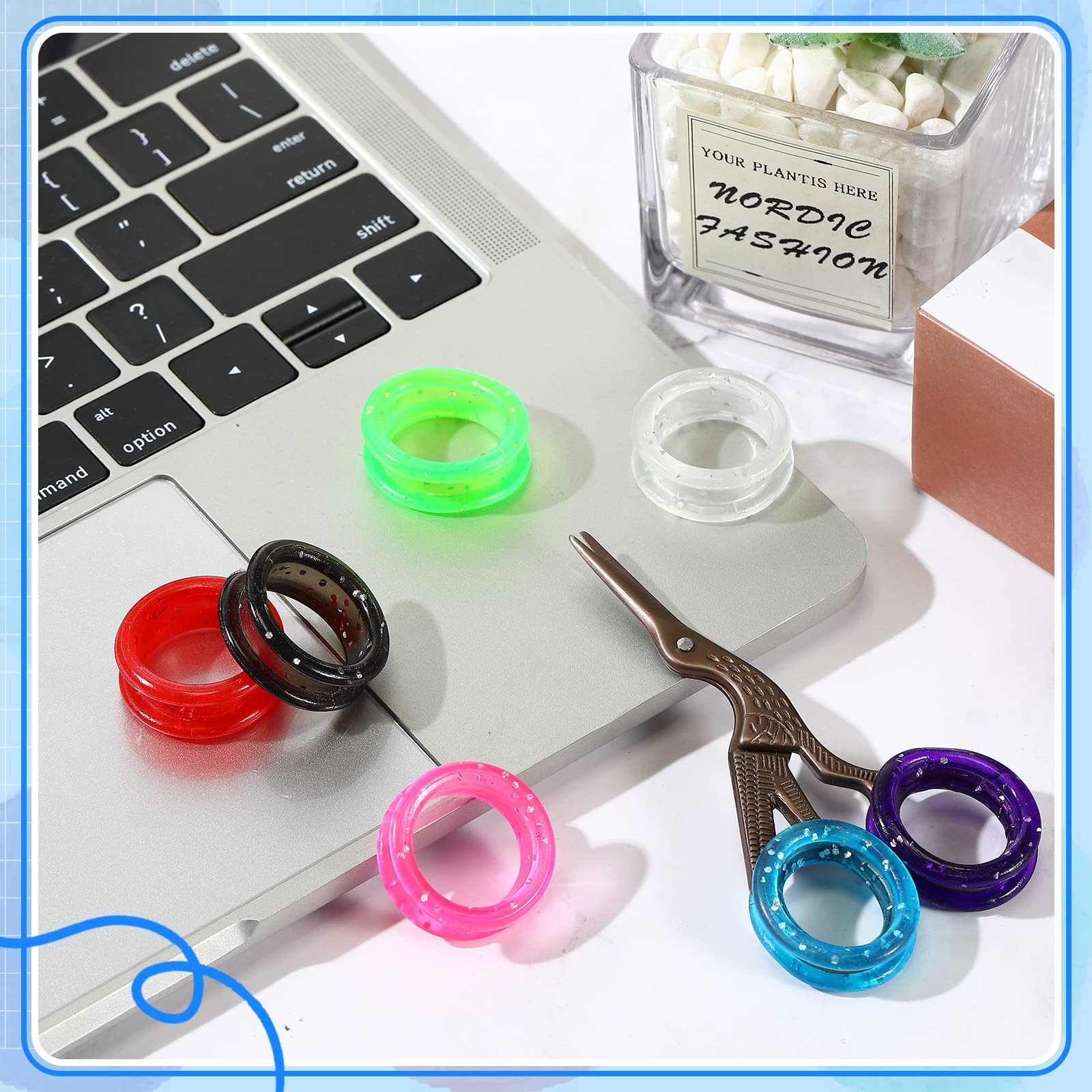 Skybooly thumb ring grips shown on scissors reduce finger fatigue during use.