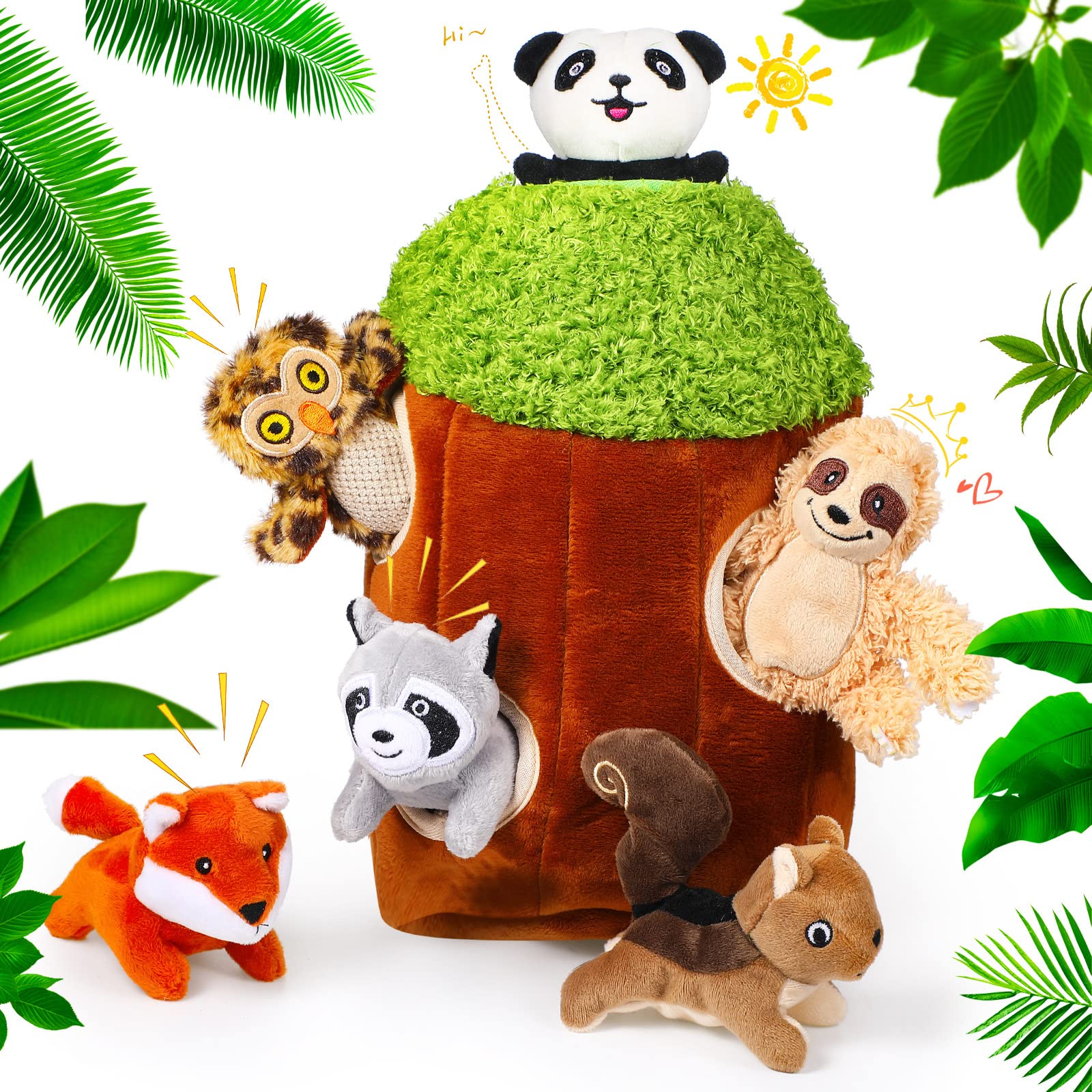 Skylety plush treehouse with six woodland toys for safe indoor play.