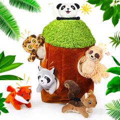 Skylety plush treehouse with six woodland toys for safe indoor play.
